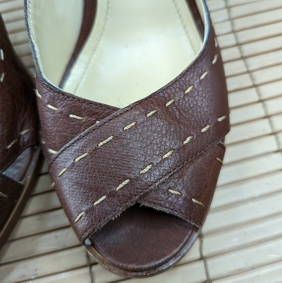 Coach "Clarice" women's sz 10 B   brown Leather bold white cord Stitched Peep To - Picture 8 of 10